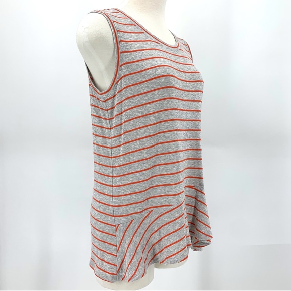Cabi Ruffle Top # 5331, Coral Stripe on Heather Grey Ruffle Peplum Top, Small - Picture 10 of 16